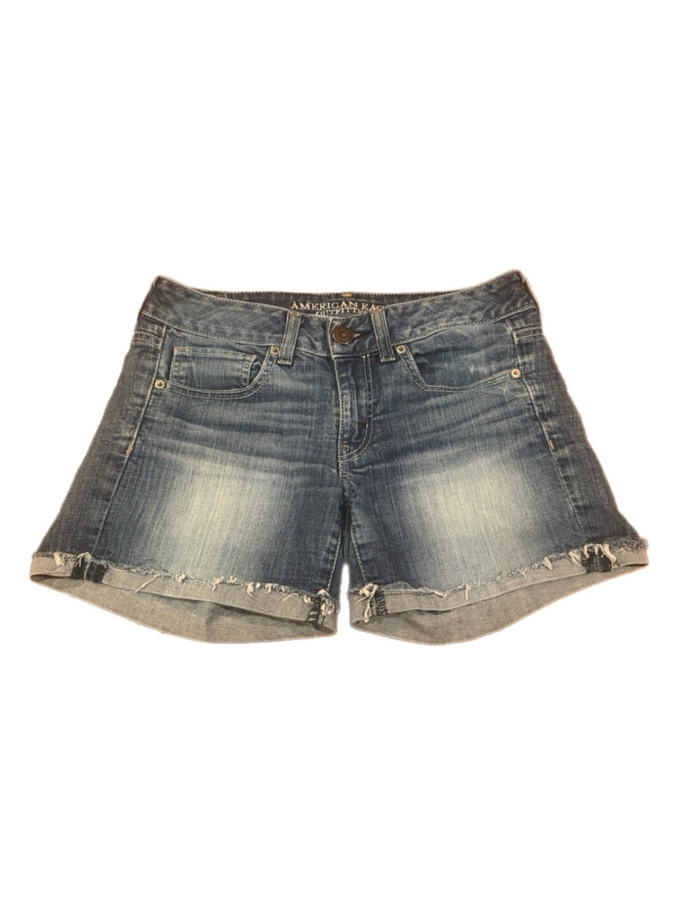 American Eagle Outfitters Women's Faded Blue Denim Cutoff Shorts w/rolled up hem